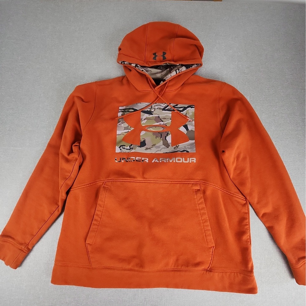 Under Armour Coldgear Storm Orange Mens Large Pullover Hoodie Loose Camo Fleece